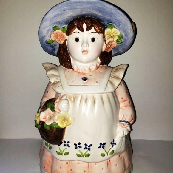 Vintage Takahashi Glass Eyed Girl Cookie Jar Country Doll Flower Basket … - Picture 2 of 13